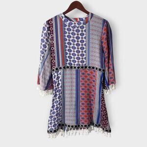 Valija Medallion Print Patchwork‎ Flare Sleeve Mini Dress Medium Multicolor Boho